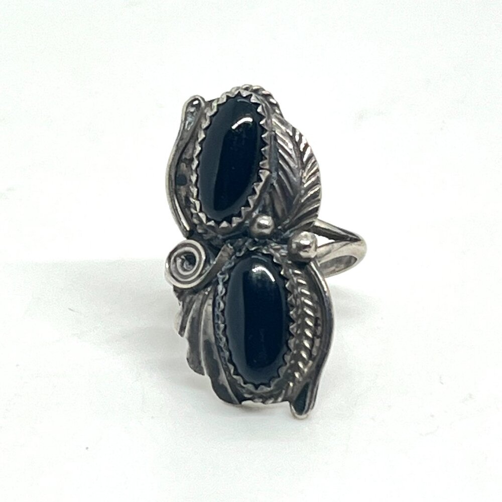 VINTAGE STERLING SILVER DOUBLE ONYX RING SOUTHWESTERN SIGNED 5.75 NAVAJO STYLE